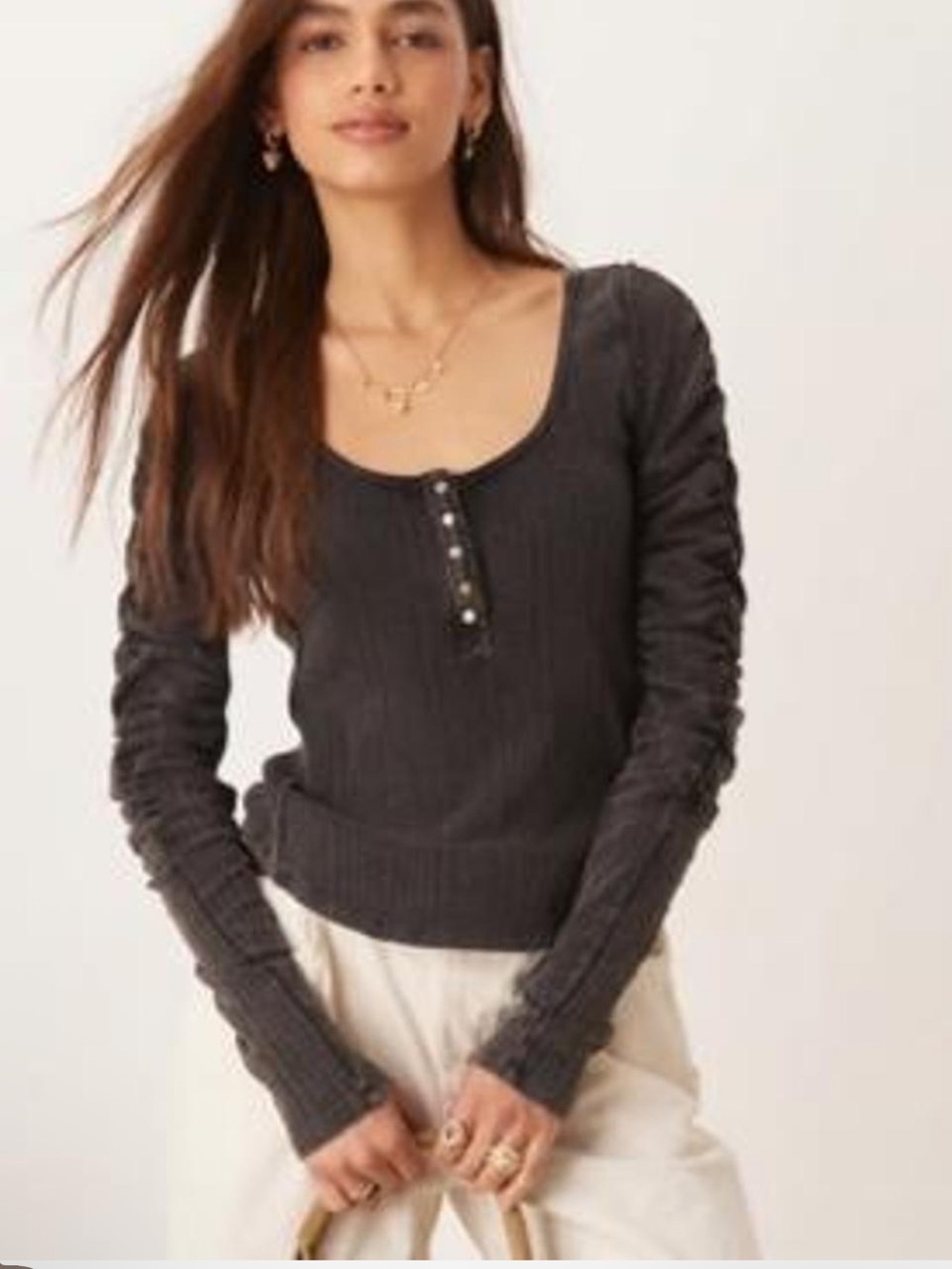 Free People ruched sleeve pointelle henley top in washed black NWT